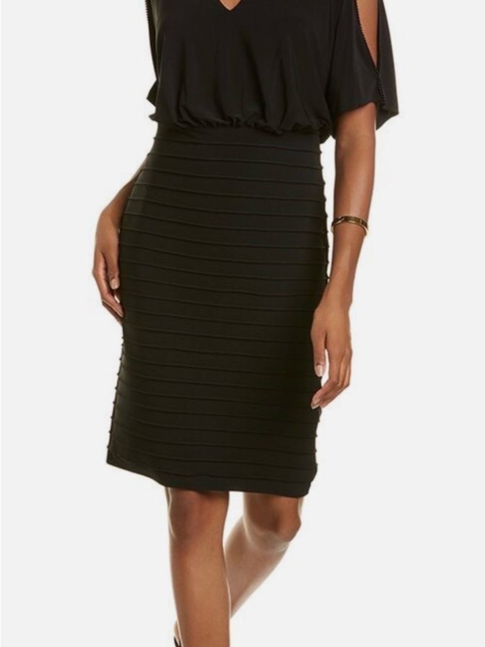 Adrianna Papell Black Blouson Cold Shoulder dress with Ribbed Pencil Skirt